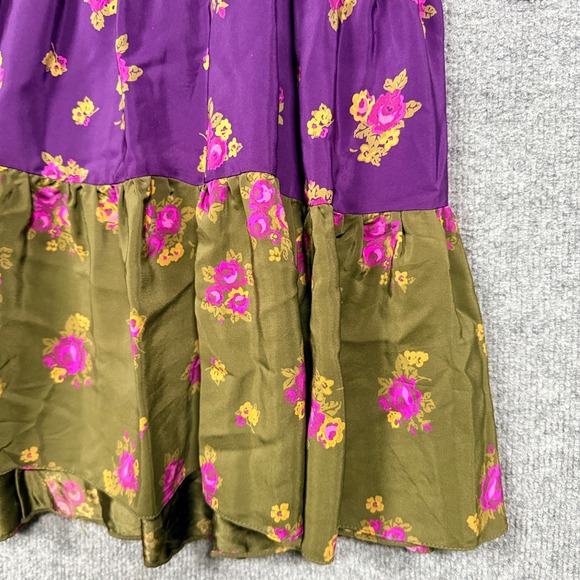 Betsey Johnson Size 6 Tiered Midi Shift Dress Purple Brown Silk Floral V Neck - Picture 4 of 10